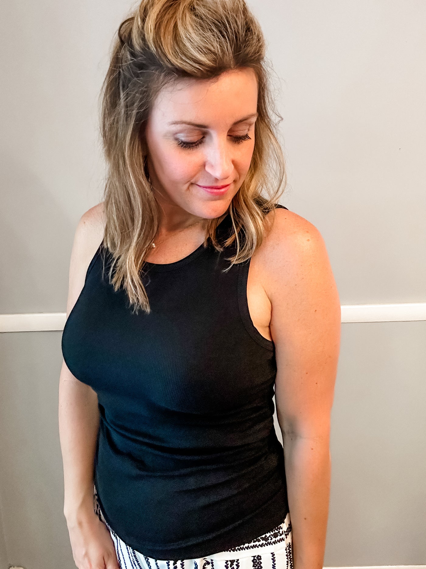 Black Ribbed Tank Top with Side Gathering