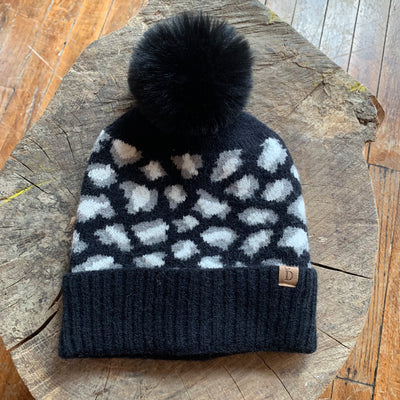 Black Animal Print Hat with Pom (beanie)