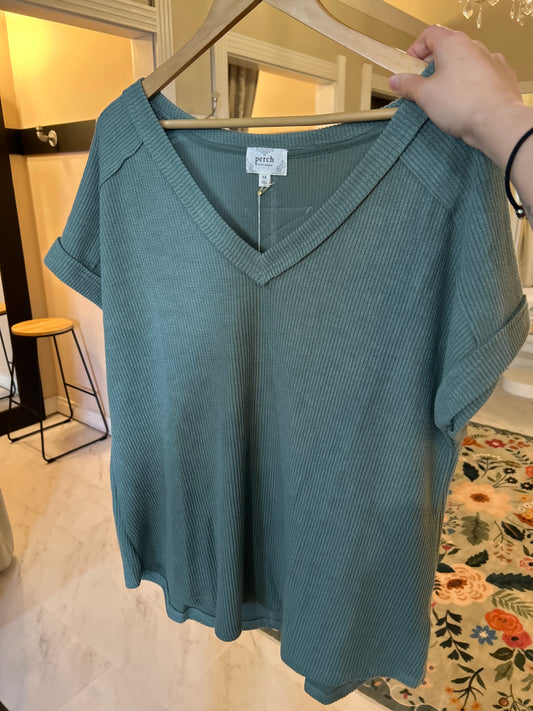 Raw Edge V-Neck Extended Sleeve Knit Top - Plus - Sage