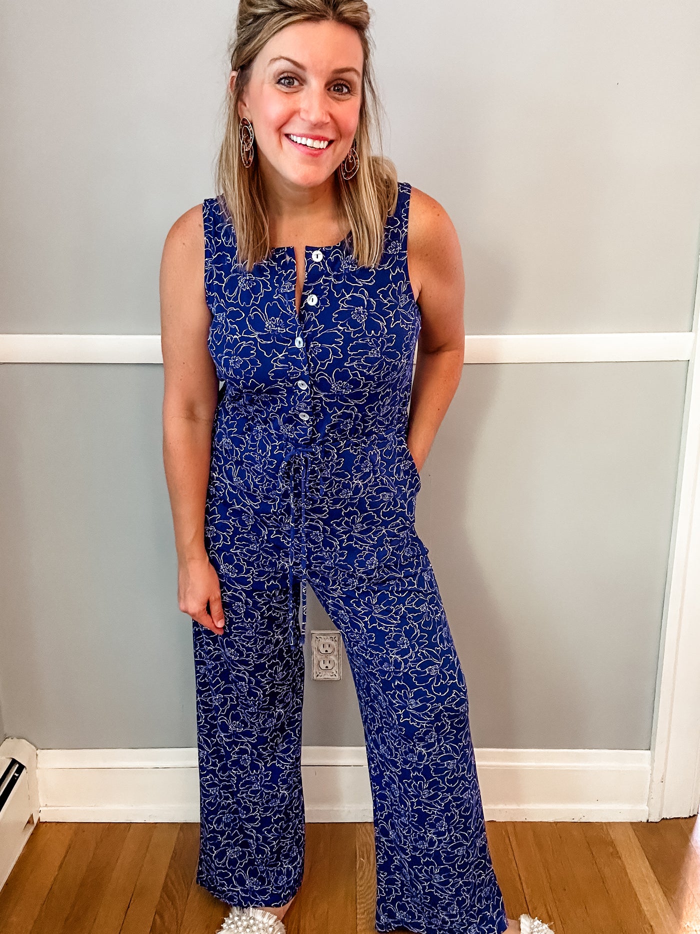 Navy and White Printed Jumpsuit