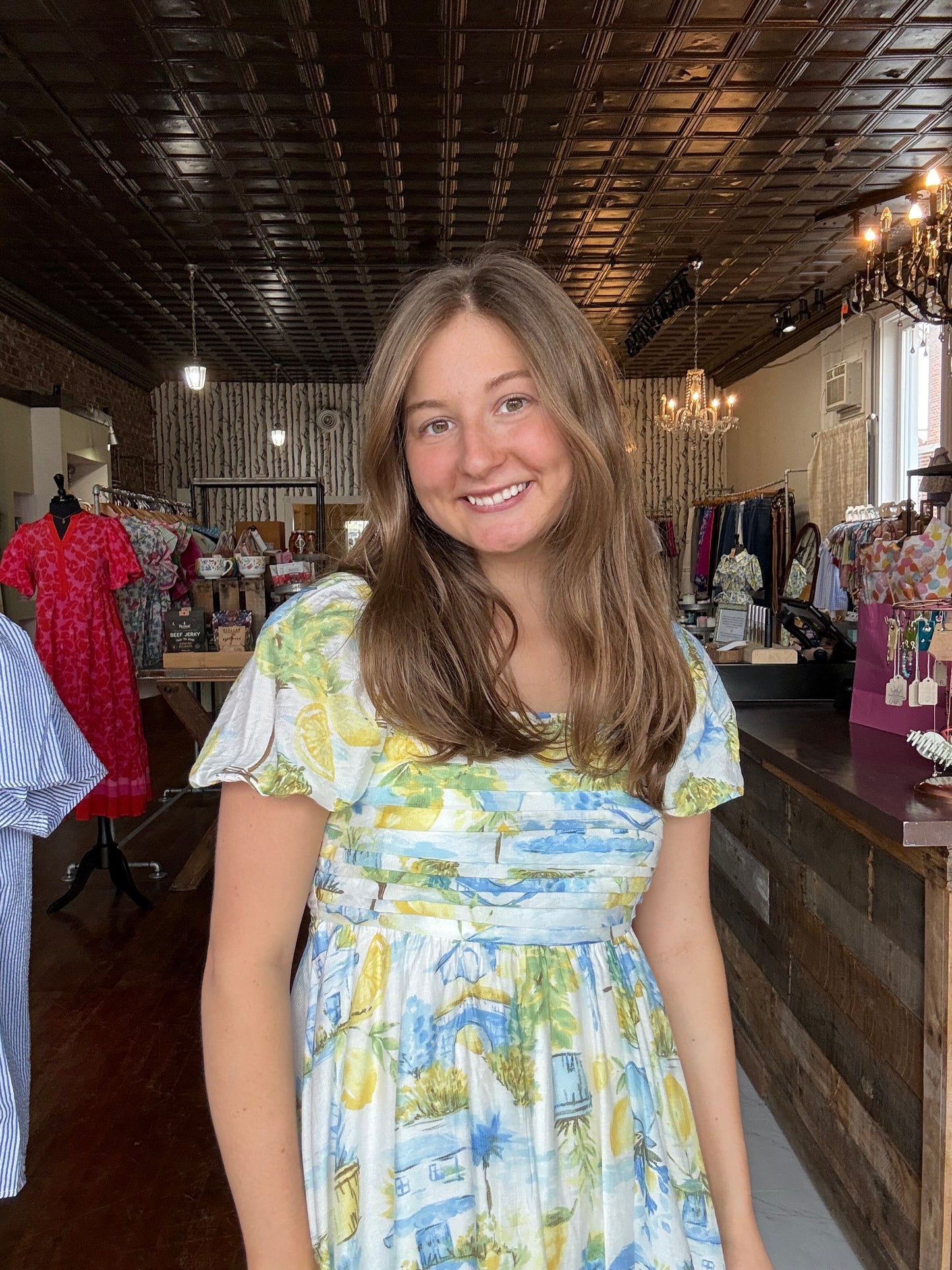 Lemon Print Pleated Short Puff Sleeve Mini Dress