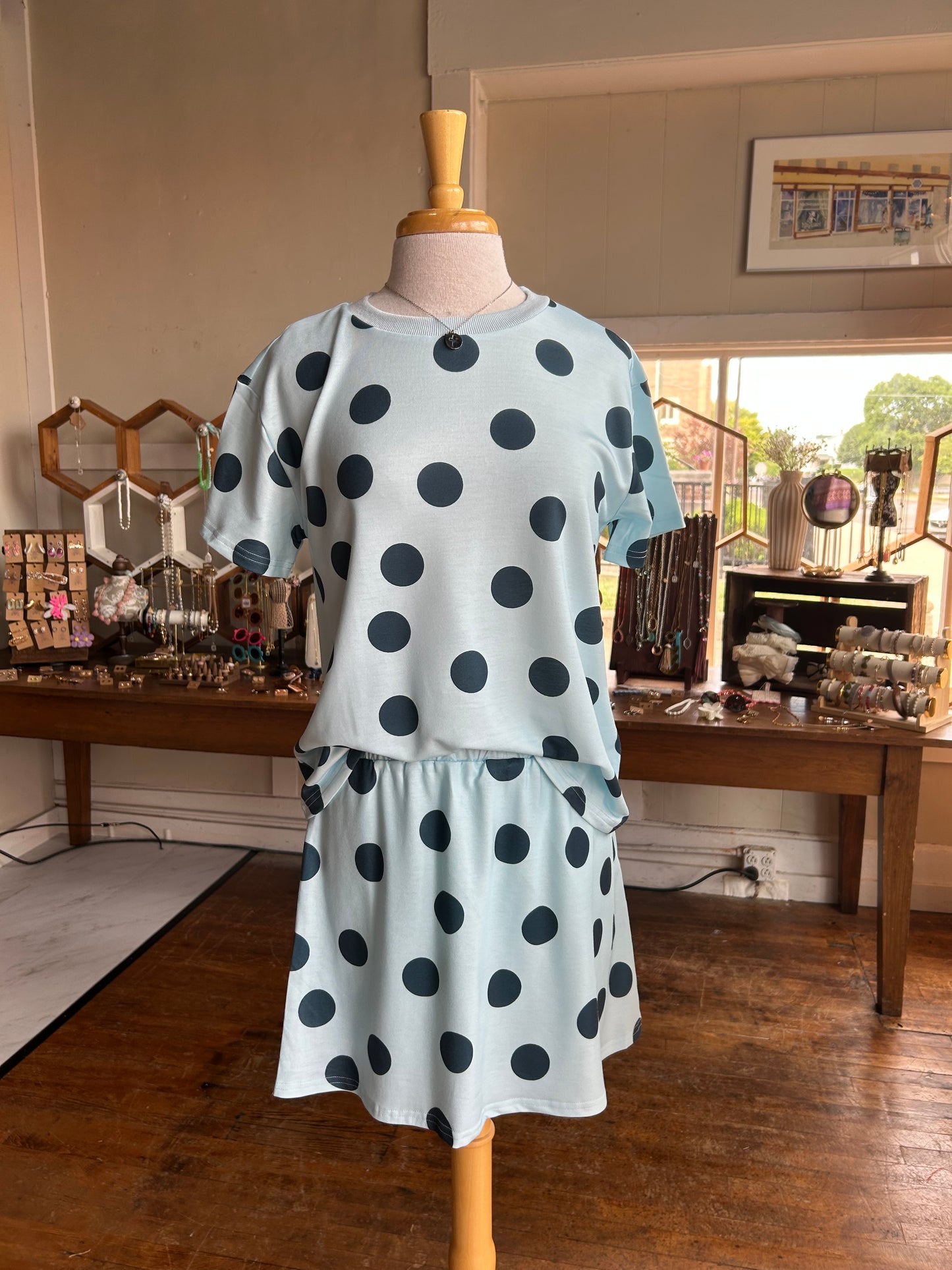 Polka Dot Print Short Sleeve Top 2pcs Skirt Set | S-Xl - Sky Blue
