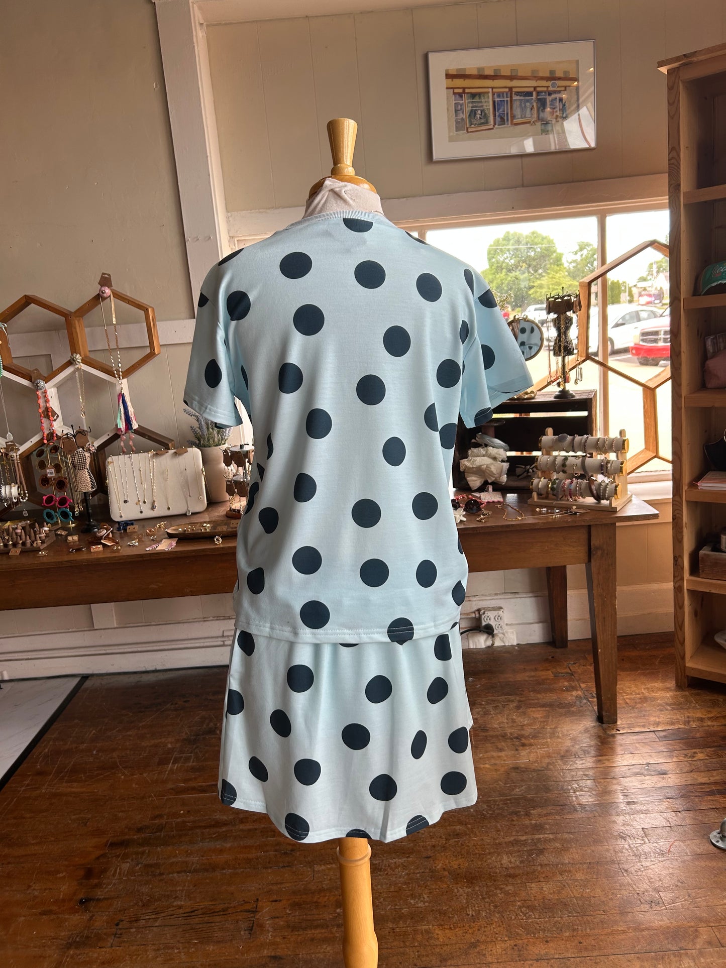 Polka Dot Print Short Sleeve Top 2pcs Skirt Set | S-Xl - Sky Blue