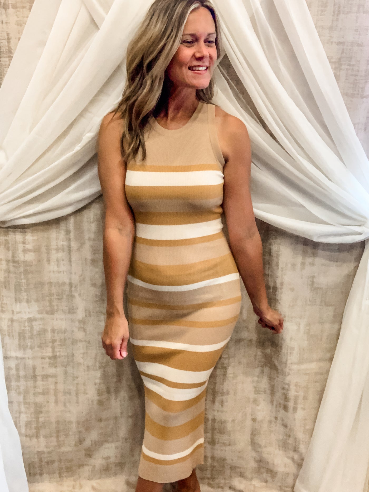 Taupe Mustard and Cream Ribbed Tank Dress