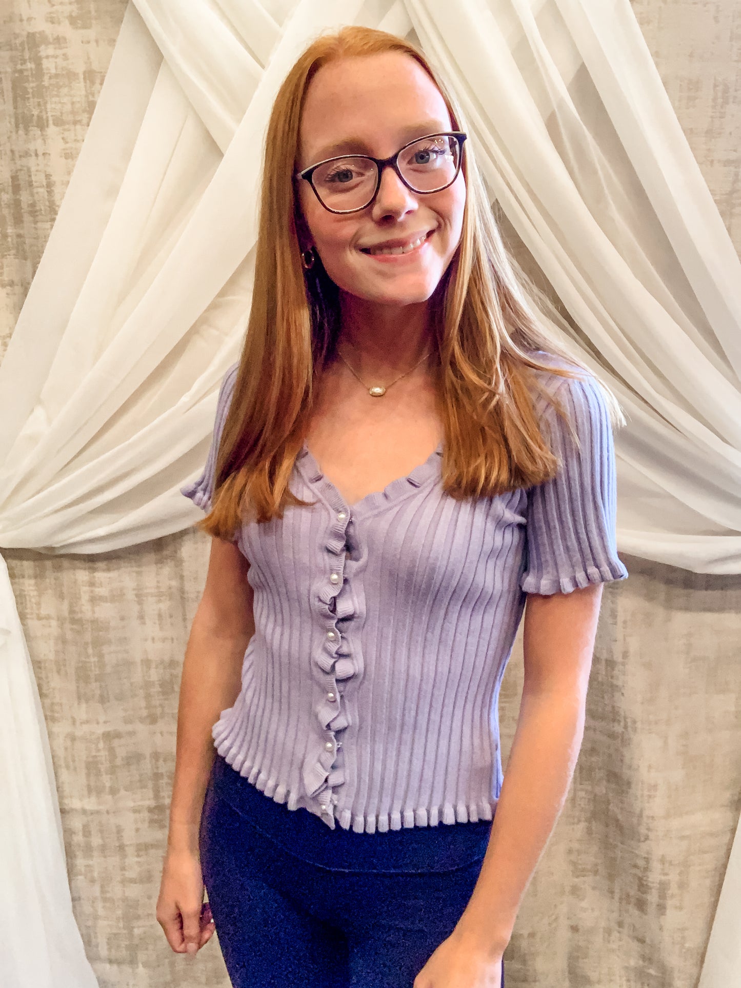 Blue Grey Ribbed Sweater Top with Pearl Buttons