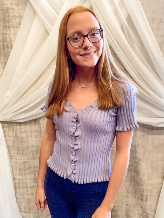 Blue Grey Ribbed Sweater Top with Pearl Buttons