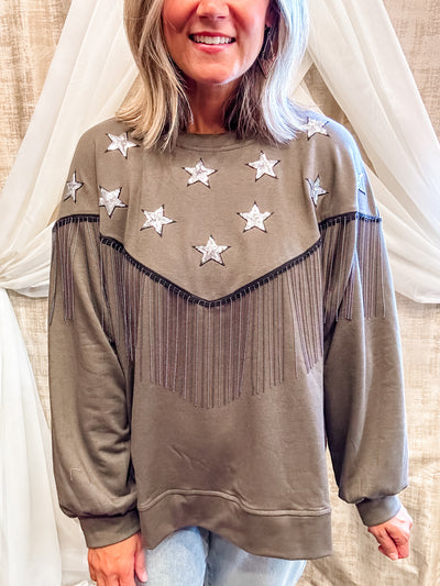 Grey Star Top with Fringe Detail