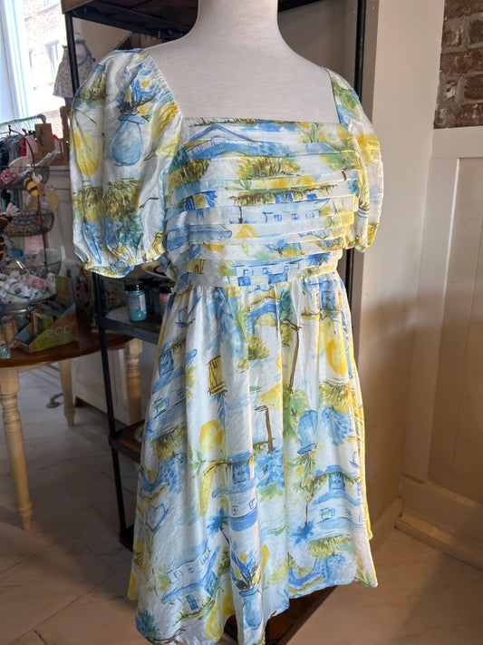 Lemon Print Pleated Short Puff Sleeve Mini Dress
