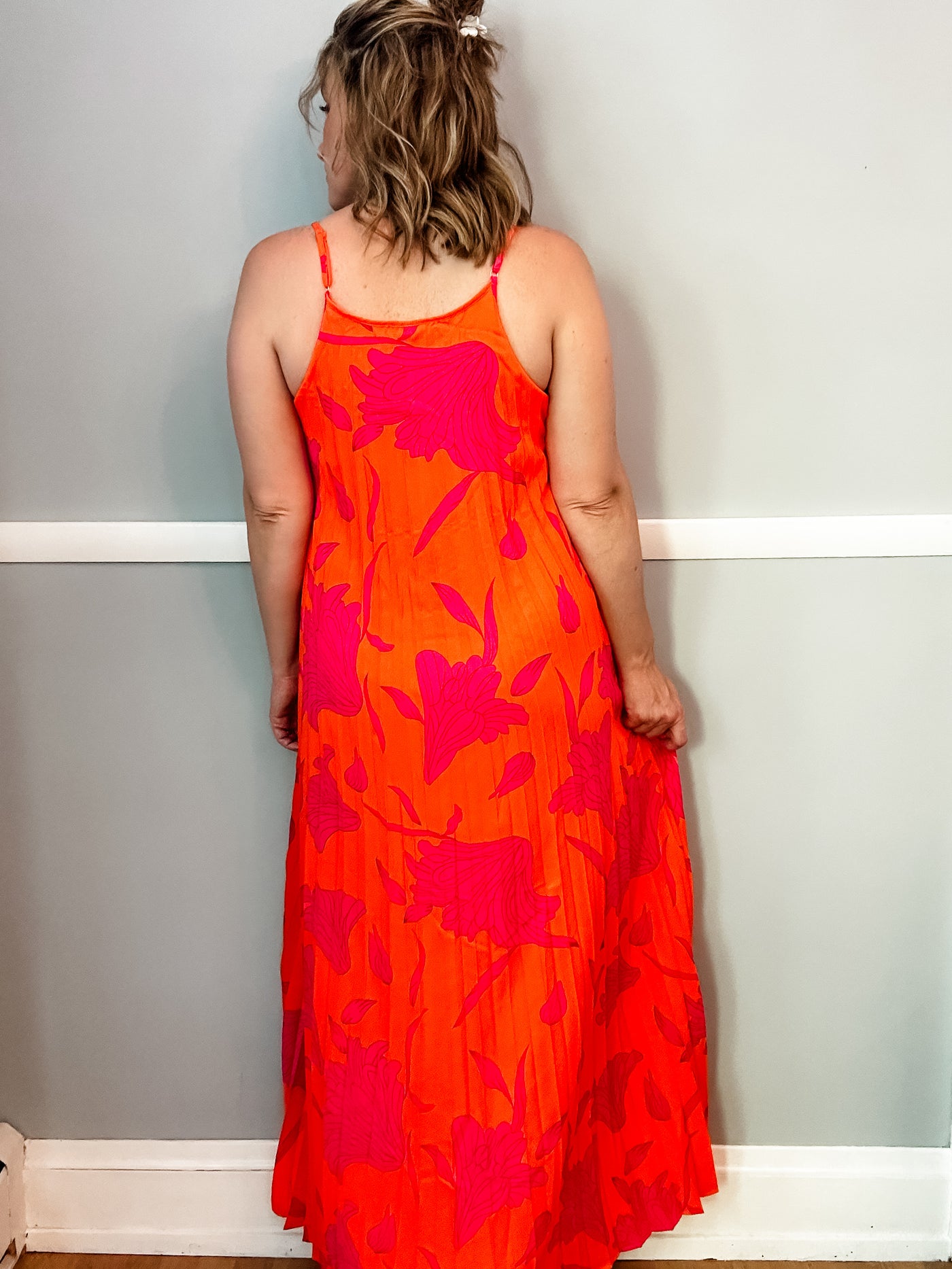 Orange Print Accordion Maxi Dress