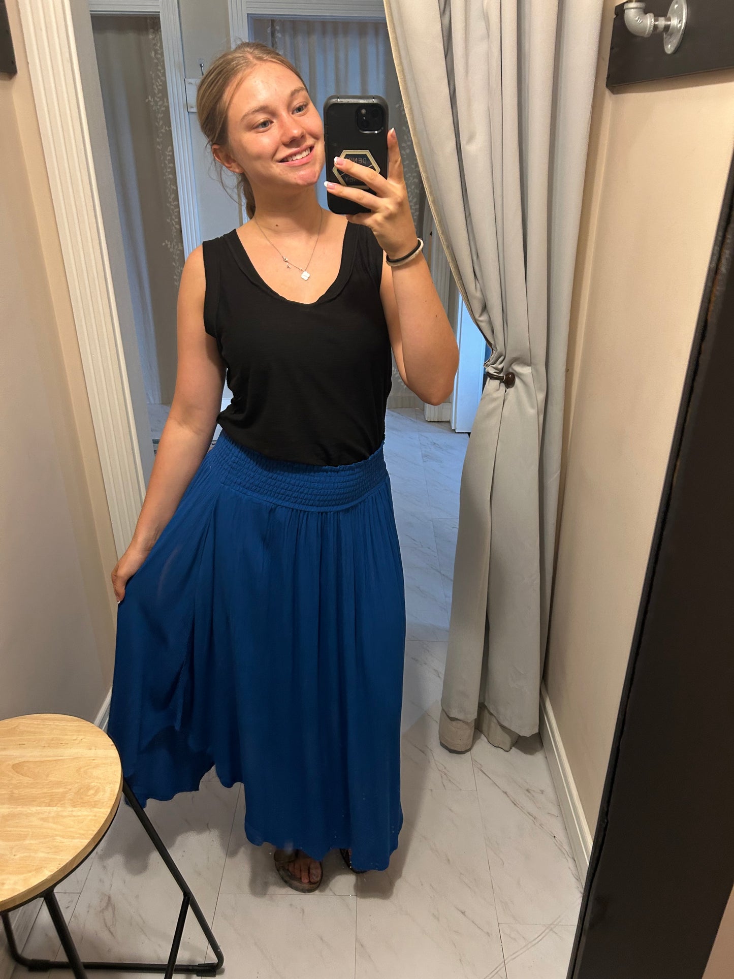 Woven Crinkle Smocked Waist Side Slit Maxi Skirt with Pockets - Classic Blue