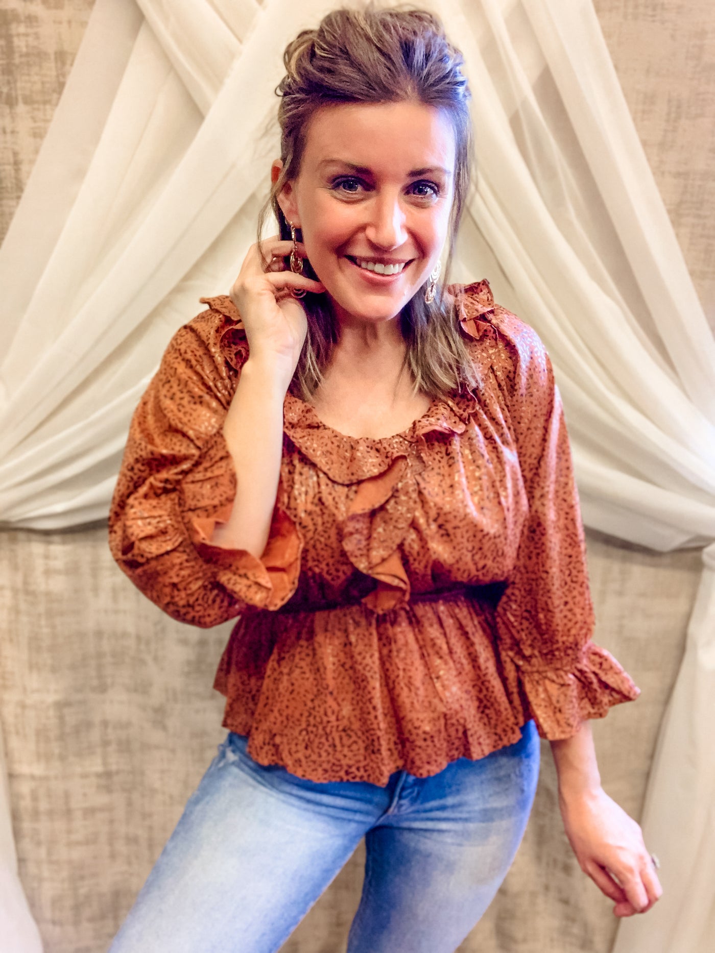 Rust Printed Peplum Top