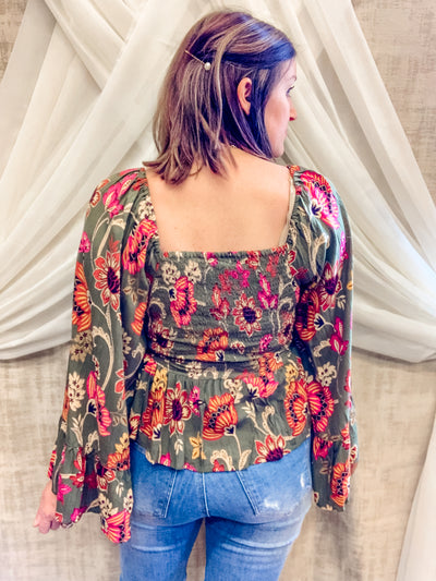 Olive Floral Boho Top
