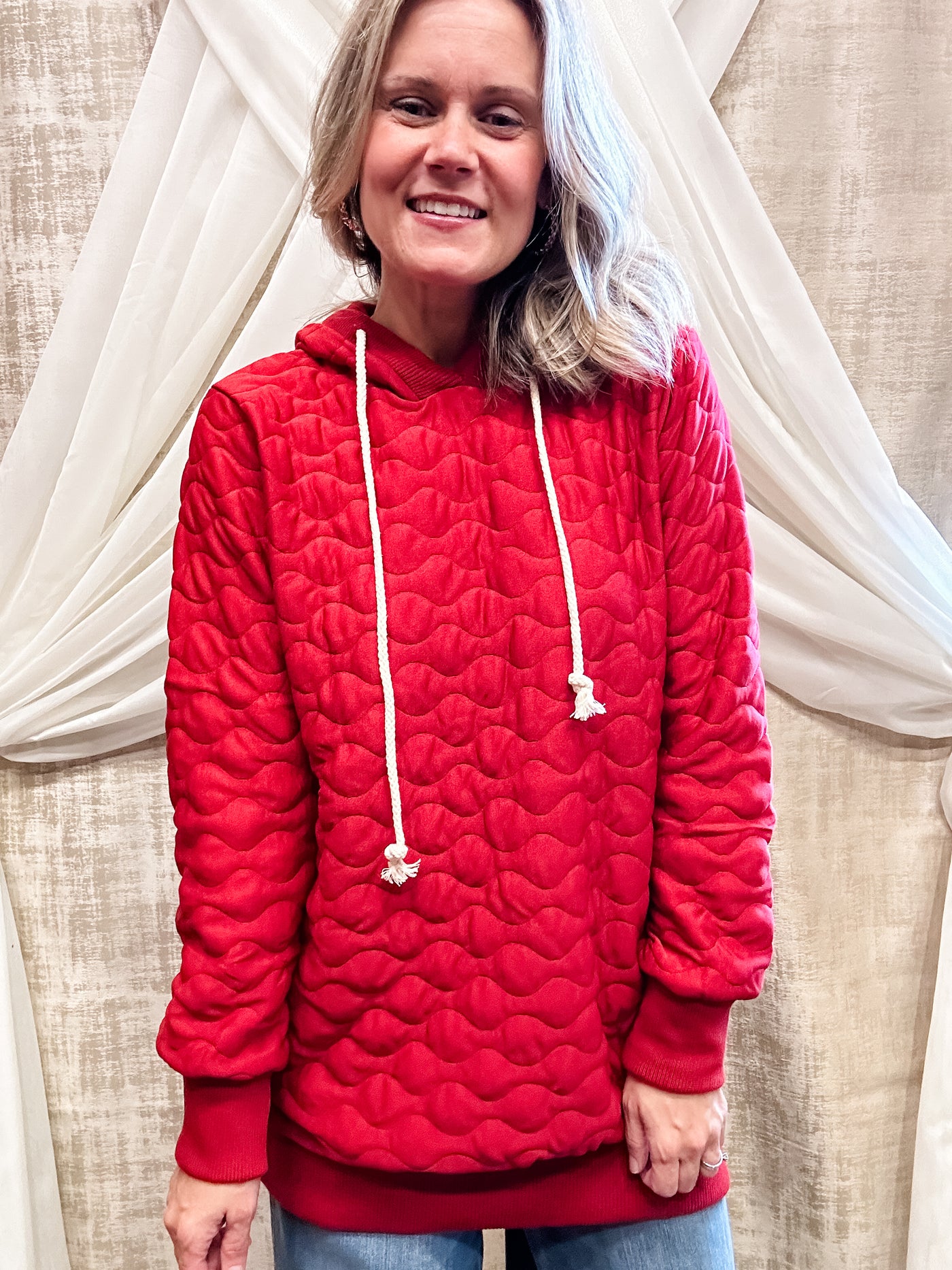 Red Textured Tunic Sweatshirt Hoodie