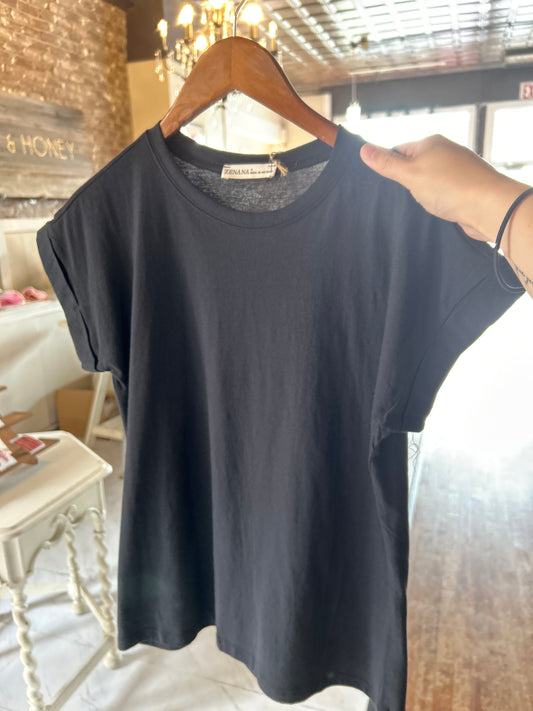 Folded Sleeve Cotton Tee - Black