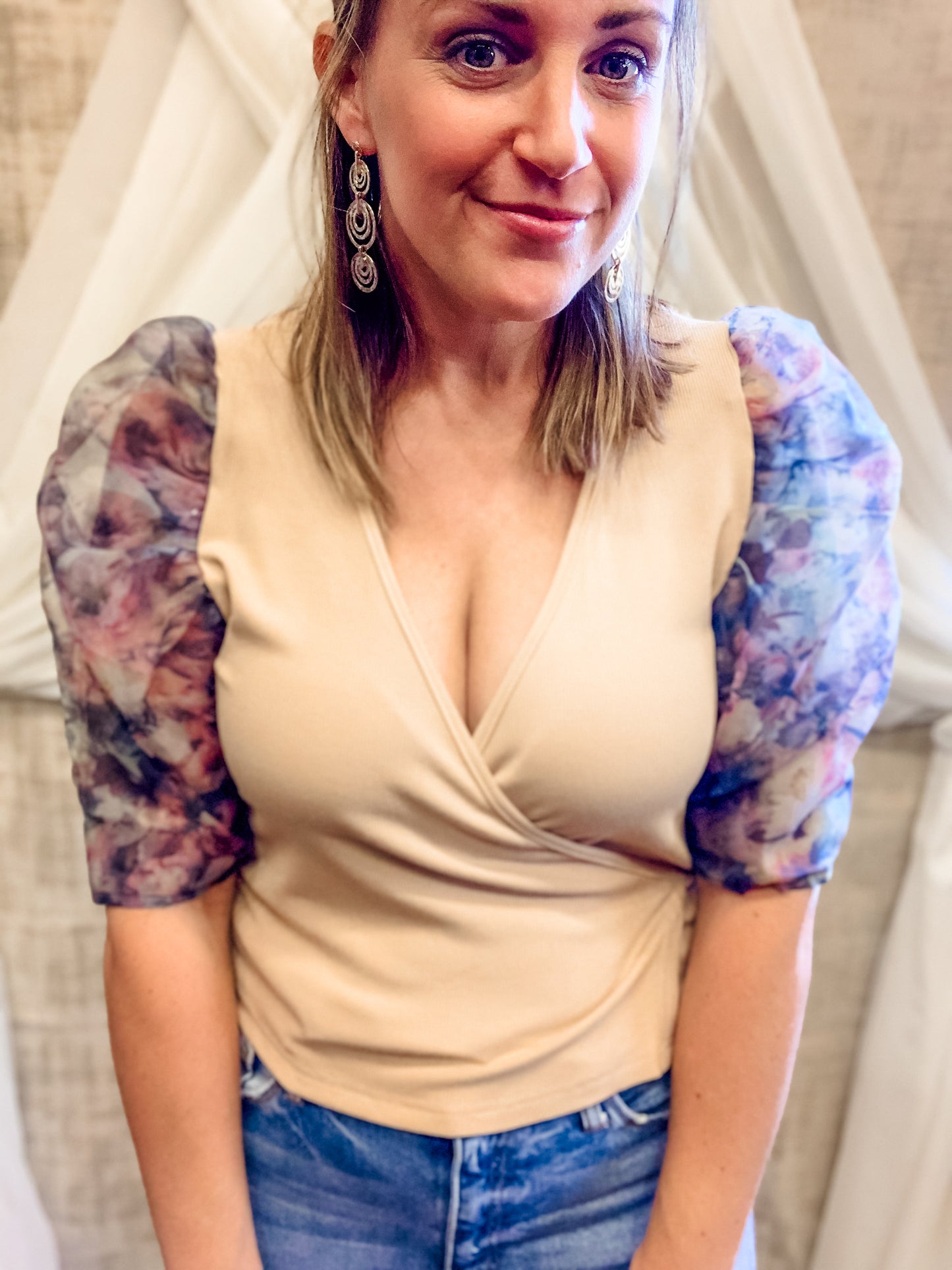Tan Wrap Top with Pretty Puff Sleeves