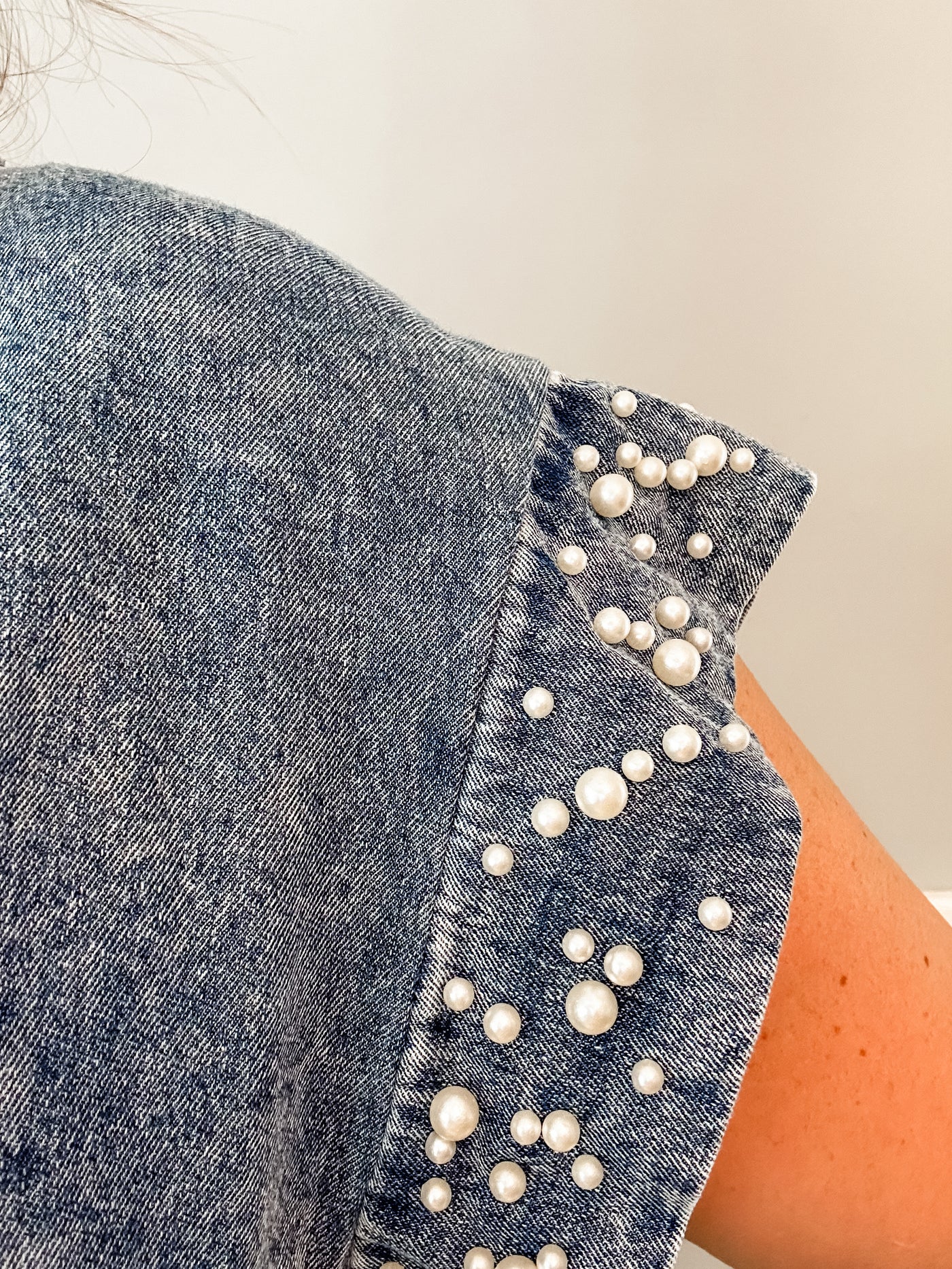 Denim Top with Pearl Details