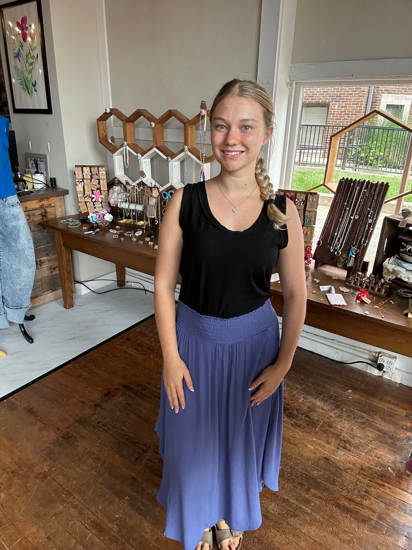 Woven Crinkle Smocked Waist Side Slit Maxi Skirt with Pockets - Marlin Blue