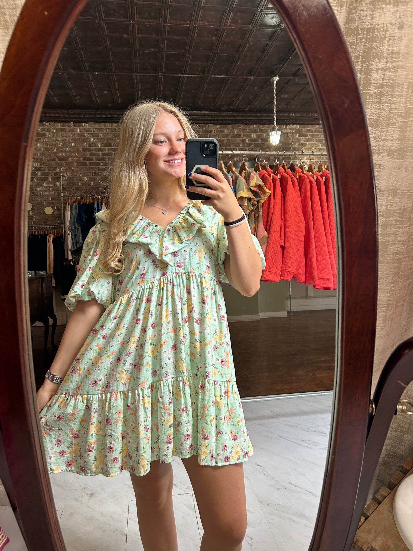 Floral Print Mini Dress - Mint