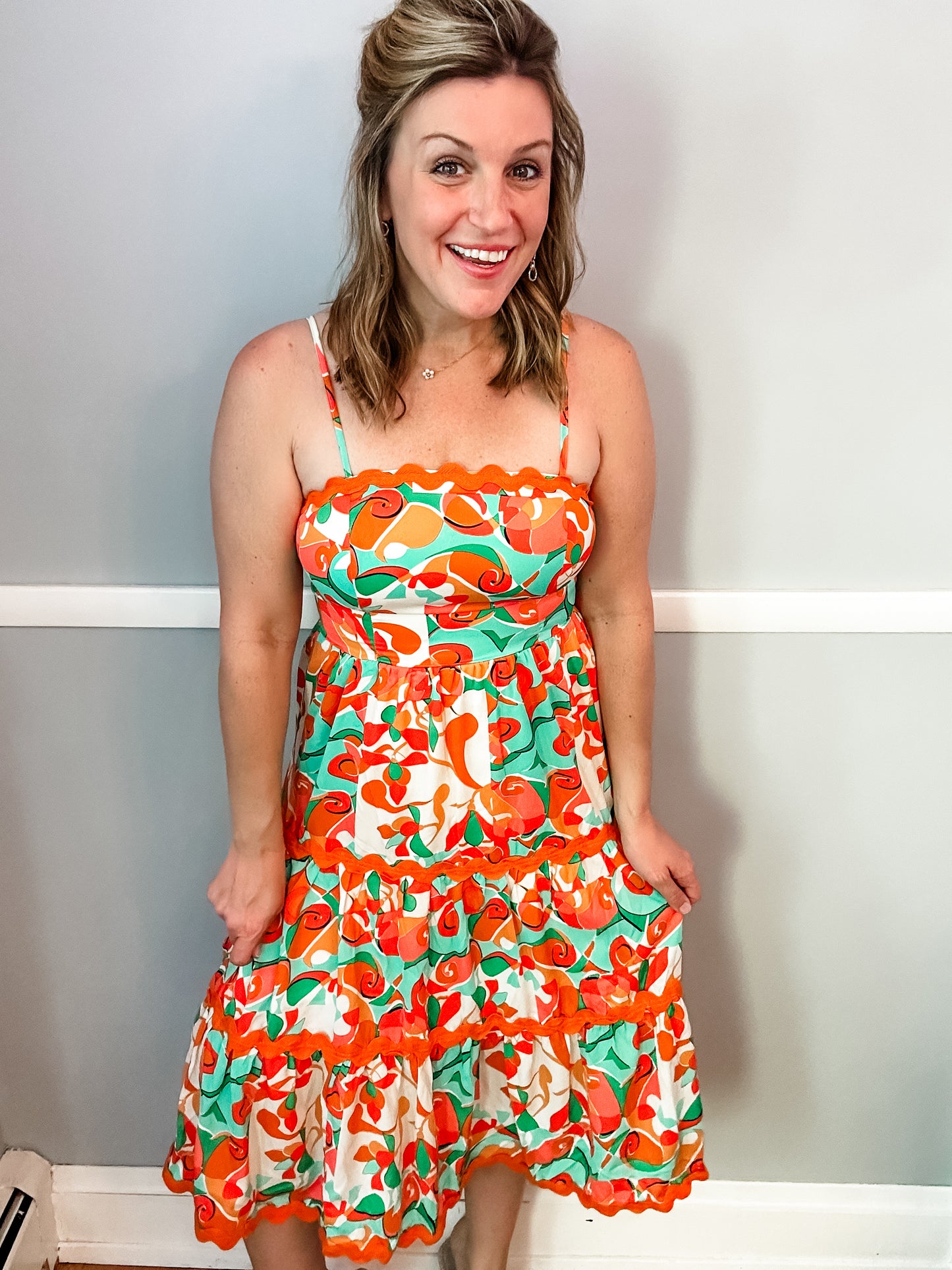 Jade and Orange Ric Rac Midi Dress