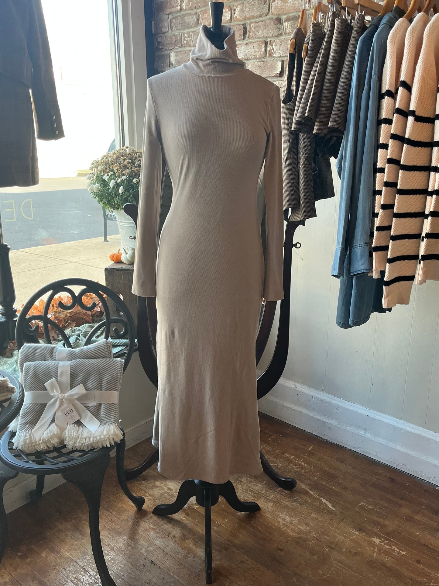 Long Sleeve Turtle Neck Brushed Rib Dress - Mushroom