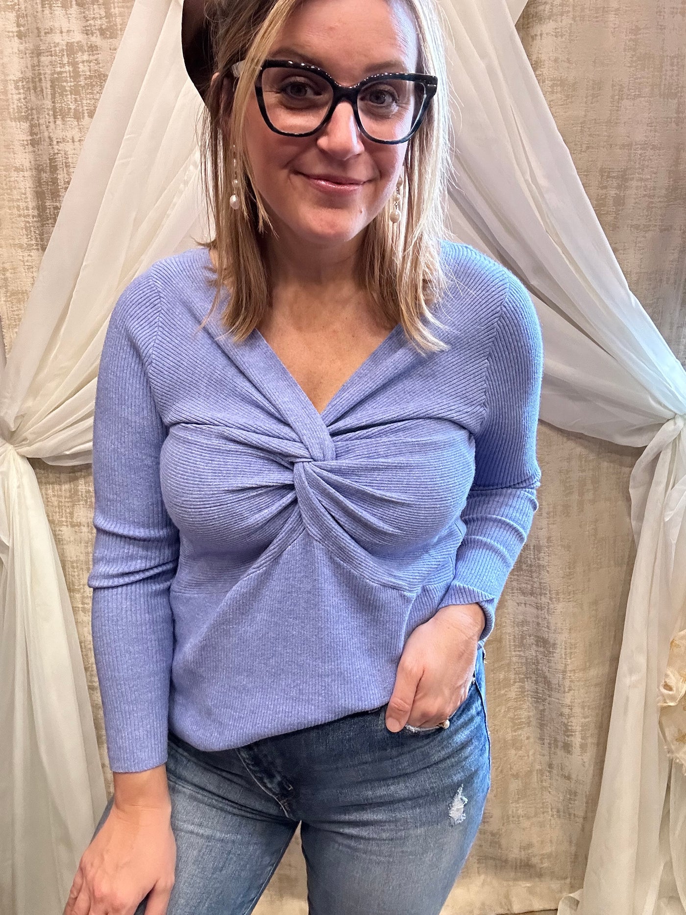 Periwinkle Twist Front Sweater