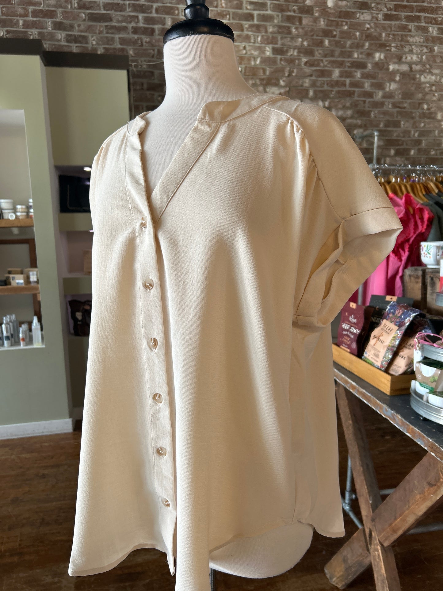 Cuffed Sleeve Button Down Lightweight Top - Plus - Light Khaki