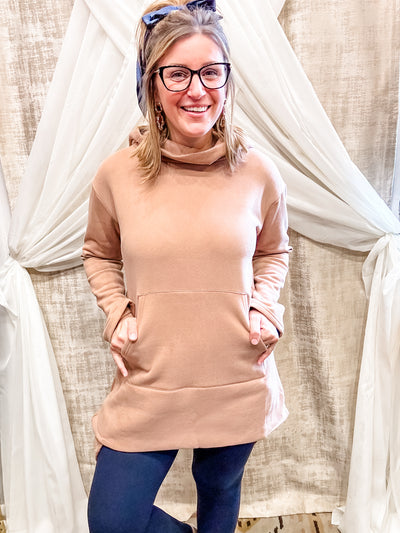 Tan High Neck Hooded Tunic Sweatshirt