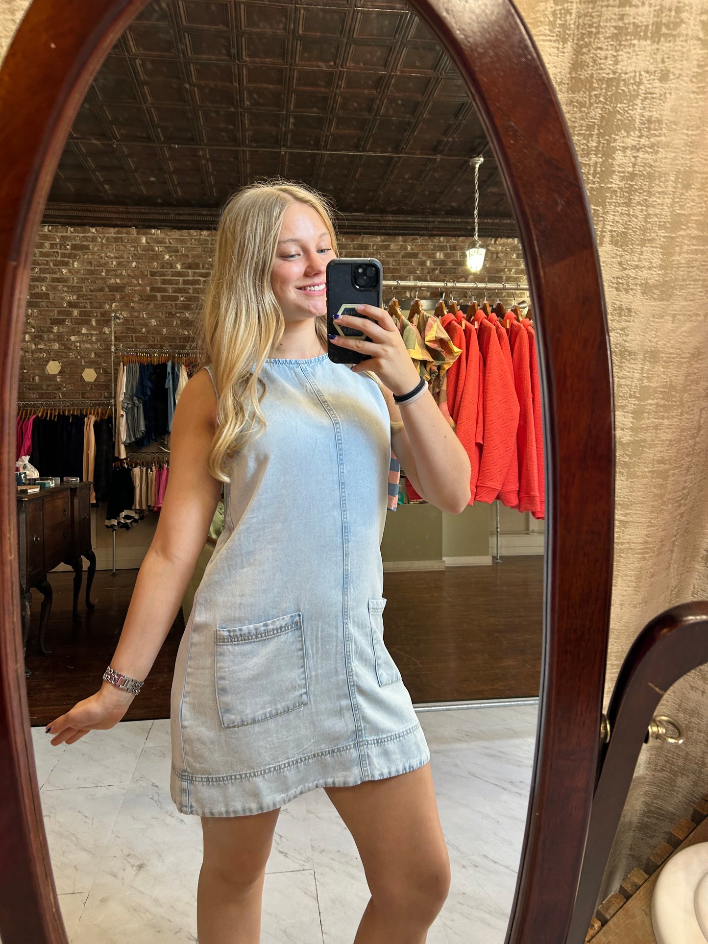 Sleeveless Pocket Detail Washed Denim Mini Dress | Light