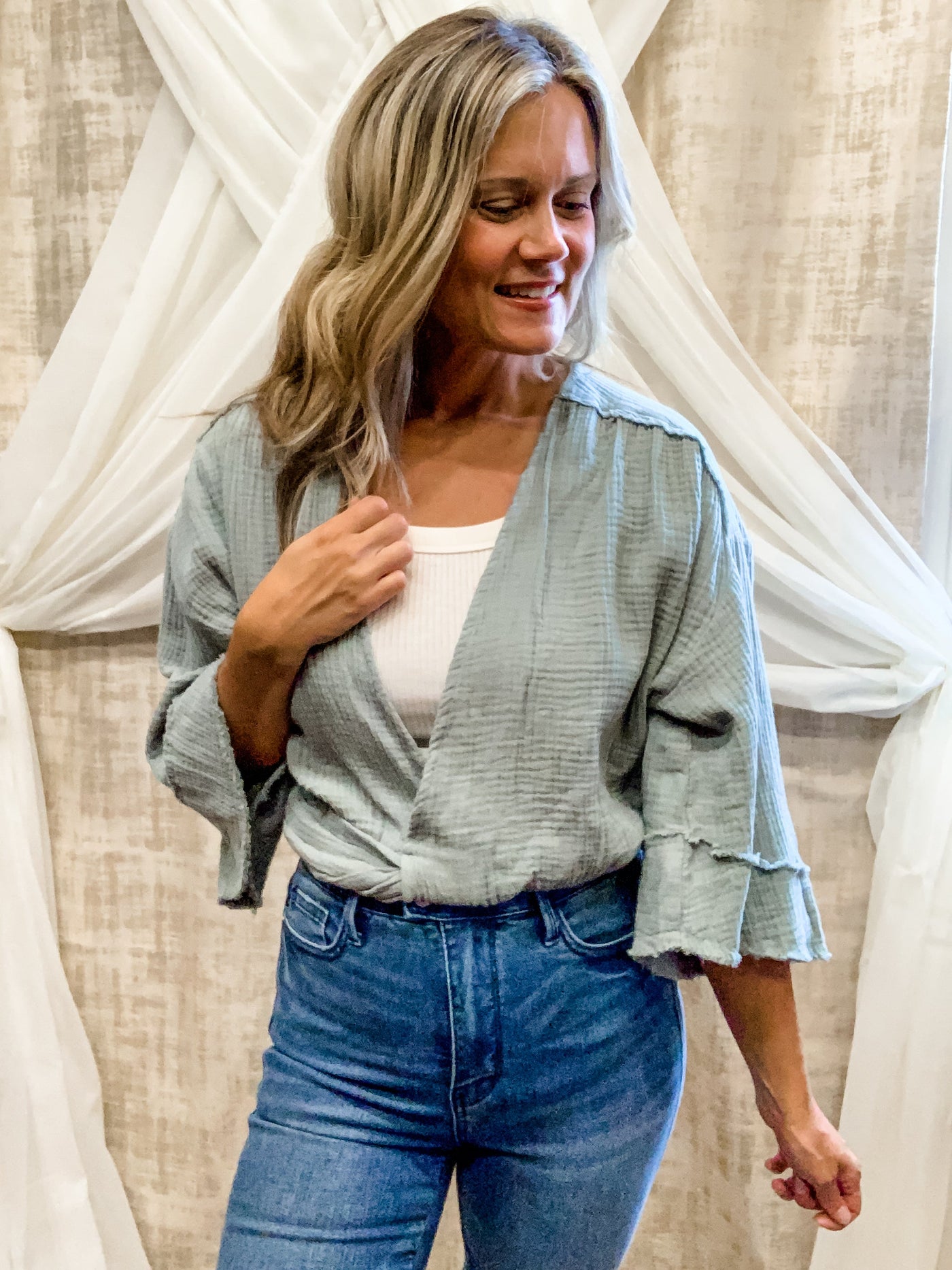 Sage Faux Wrap Top with Elastic Back