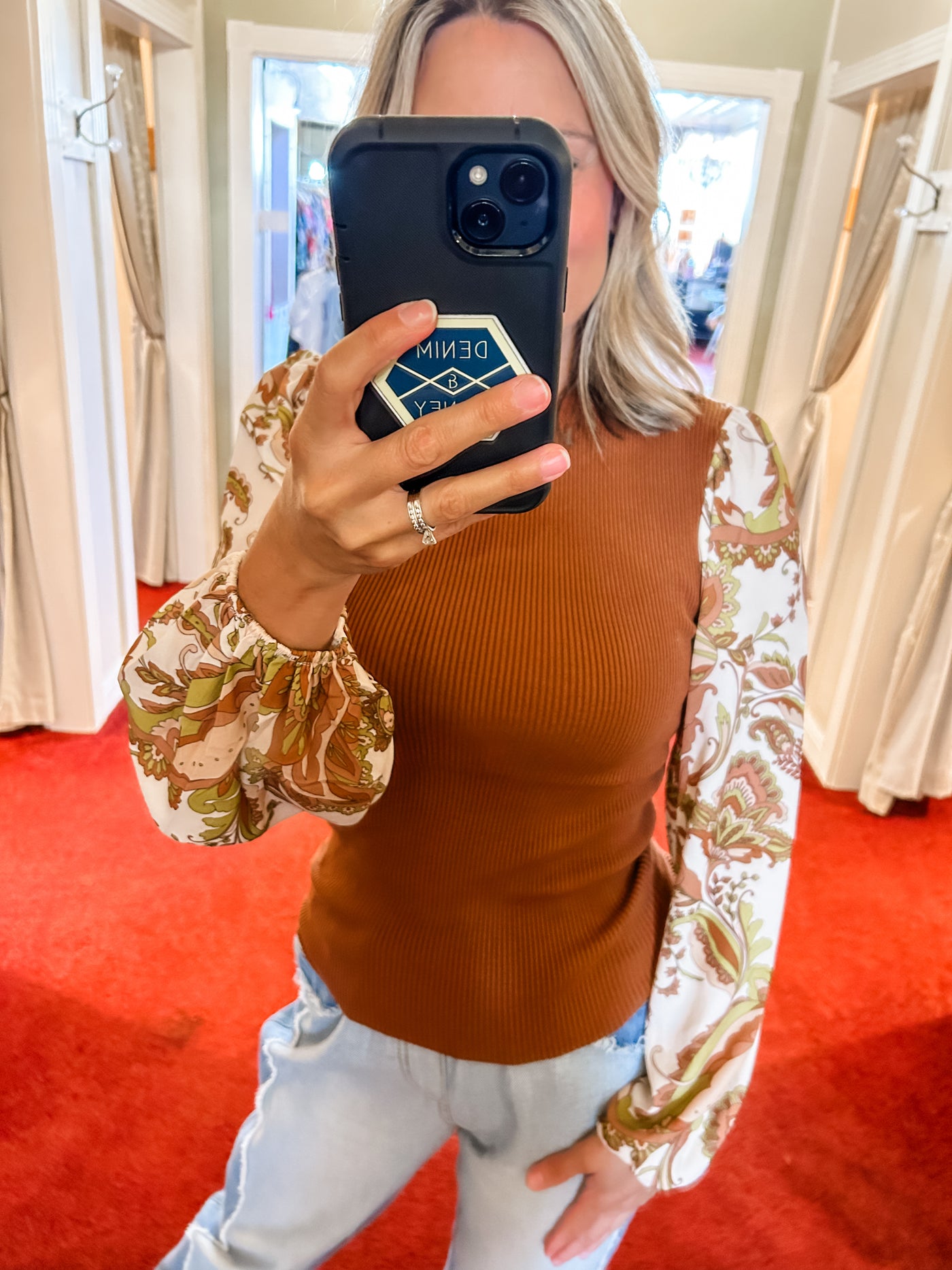 Camel Sweater Top with Contrasting Sleeves