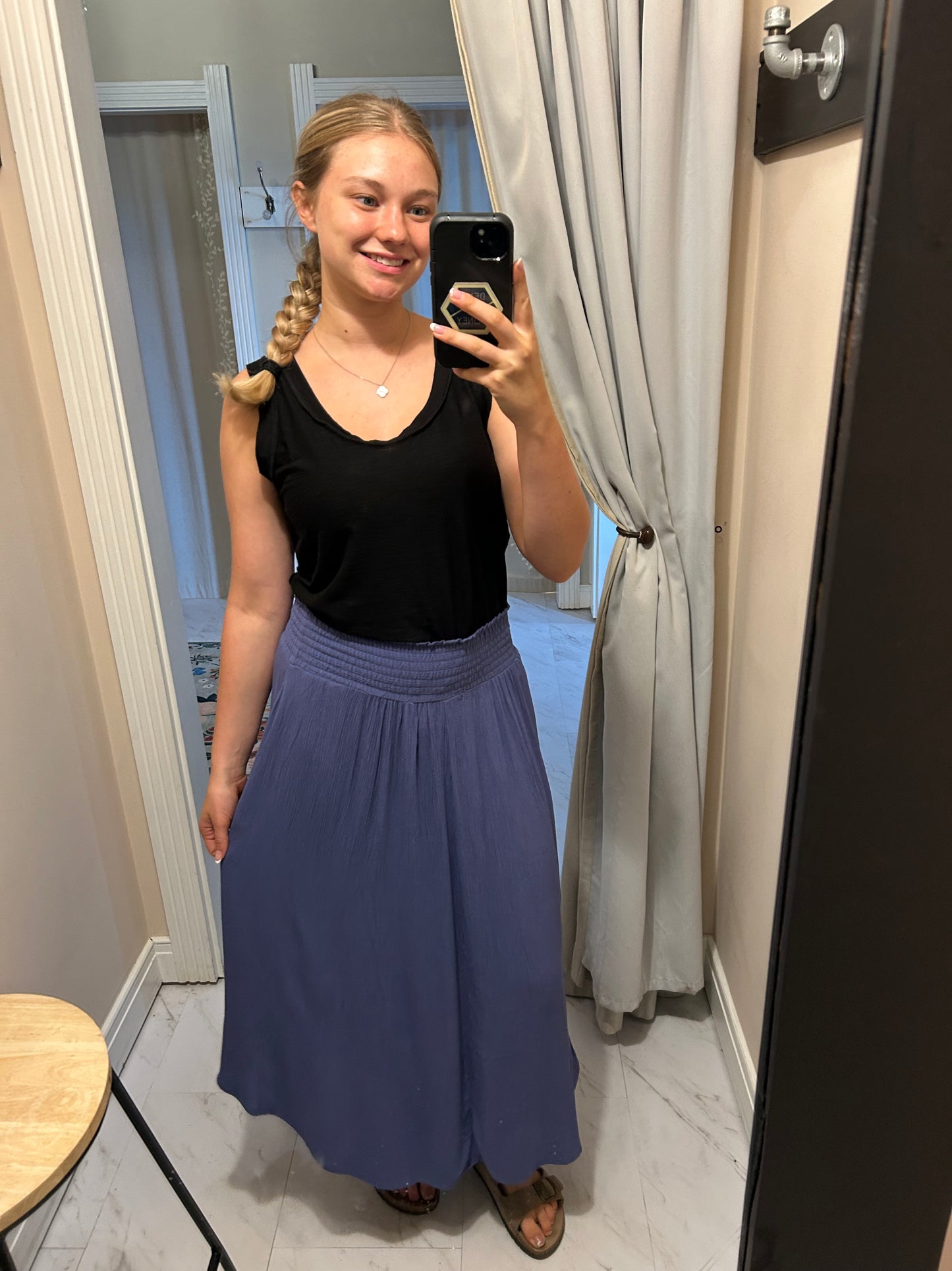 Woven Crinkle Smocked Waist Side Slit Maxi Skirt with Pockets - Marlin Blue