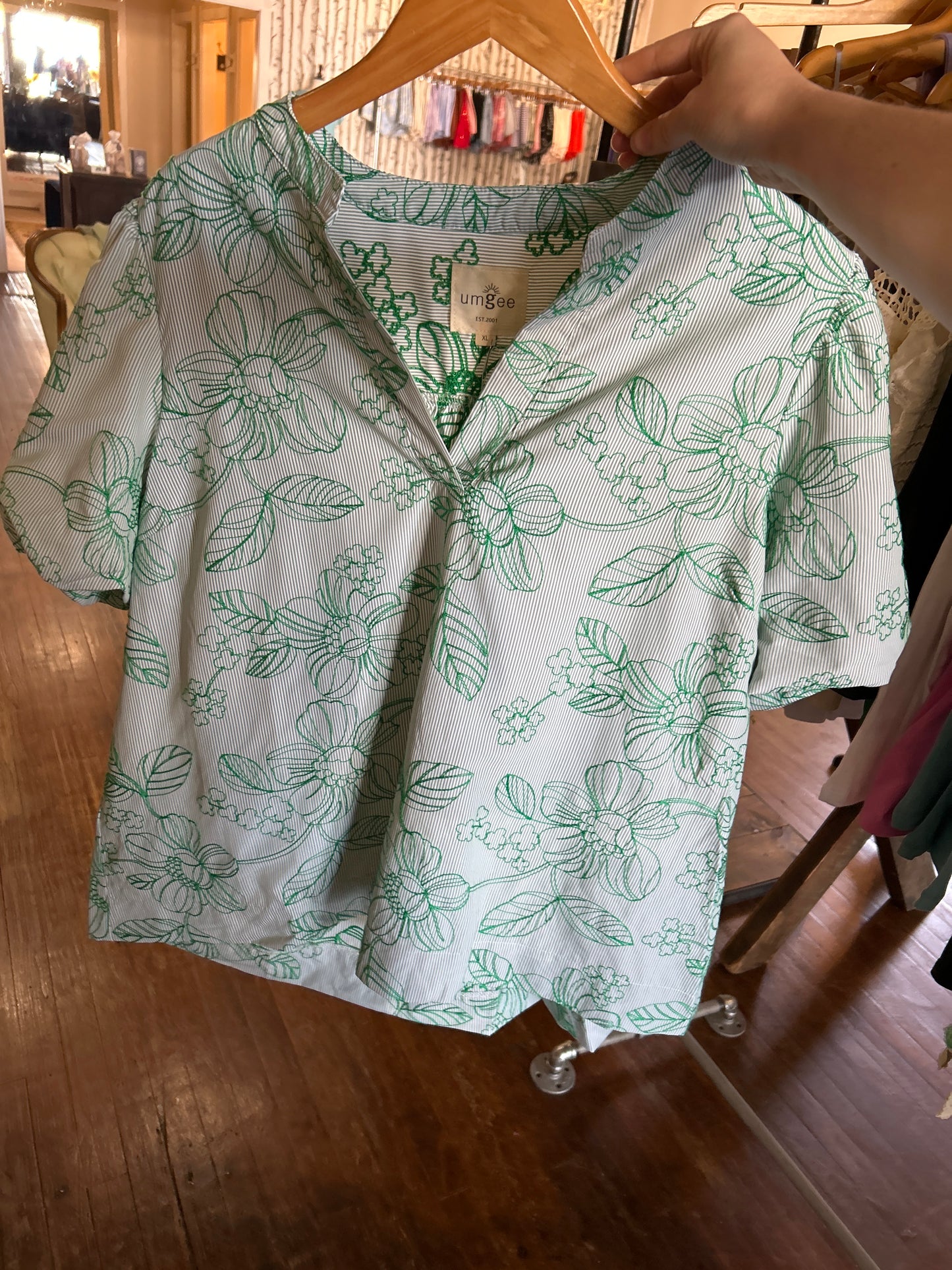 Embroidered Floral Print Blouse  - Green - Plus