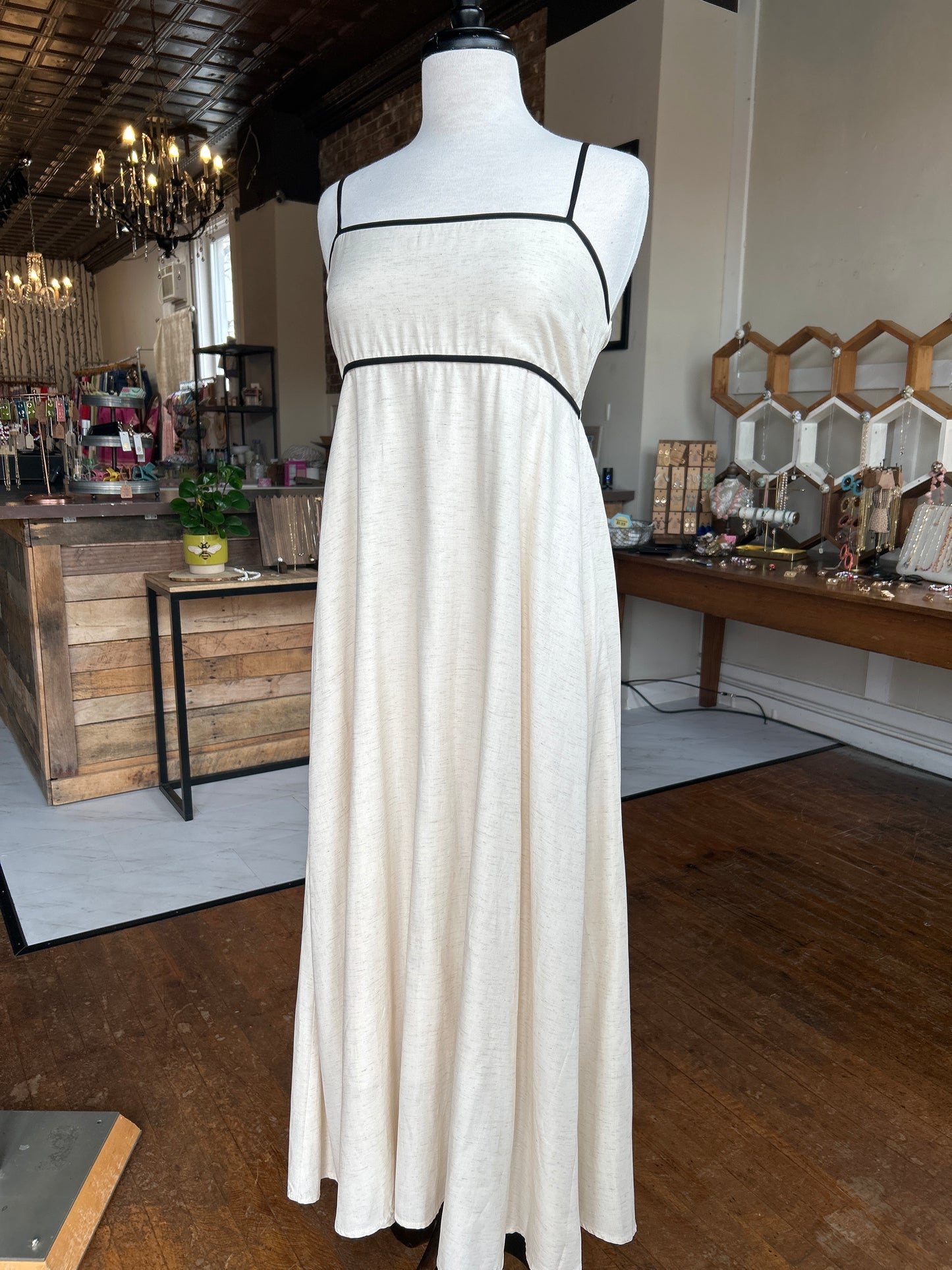 Contrast Trim Spaghetti Empire Waist Midi Dress- Natural