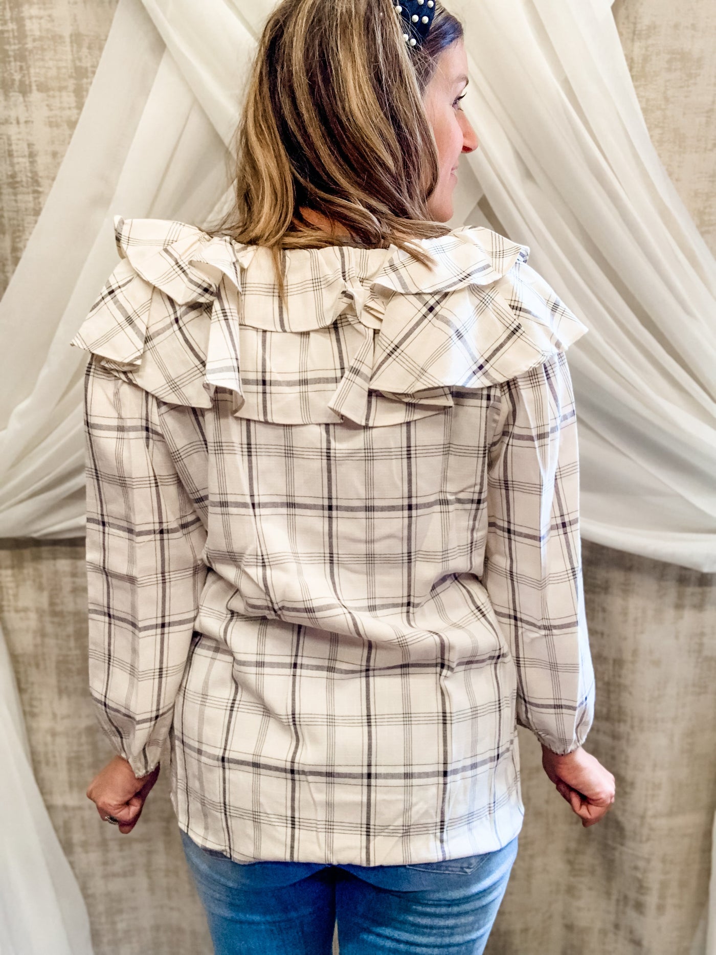 Ivory and Charcoal Plaid Top with Ruffle Detail