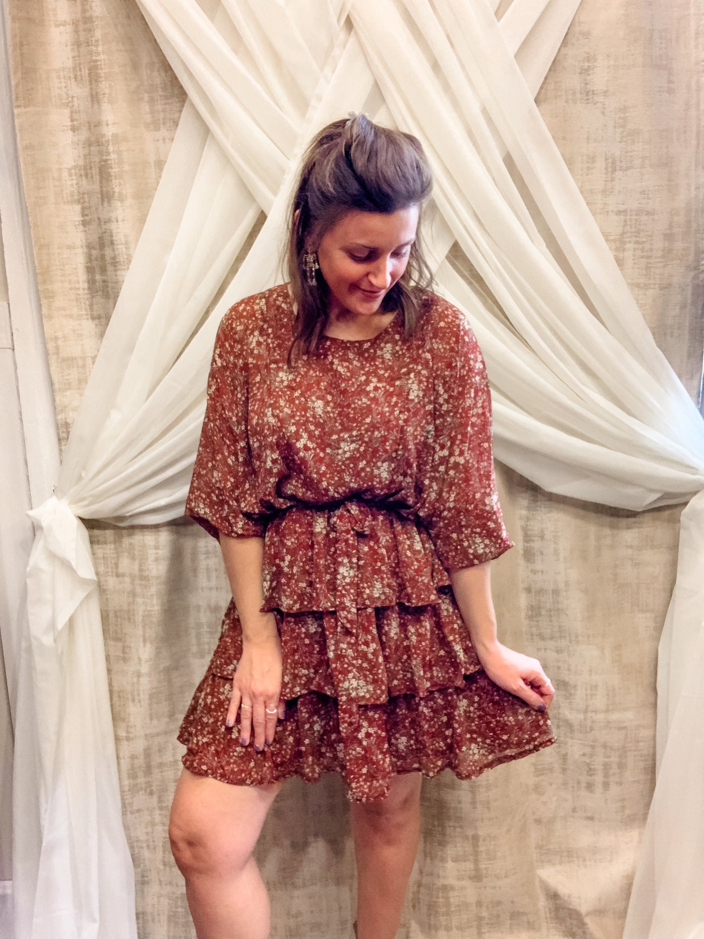 Rust Floral Tiered Dress with Tie