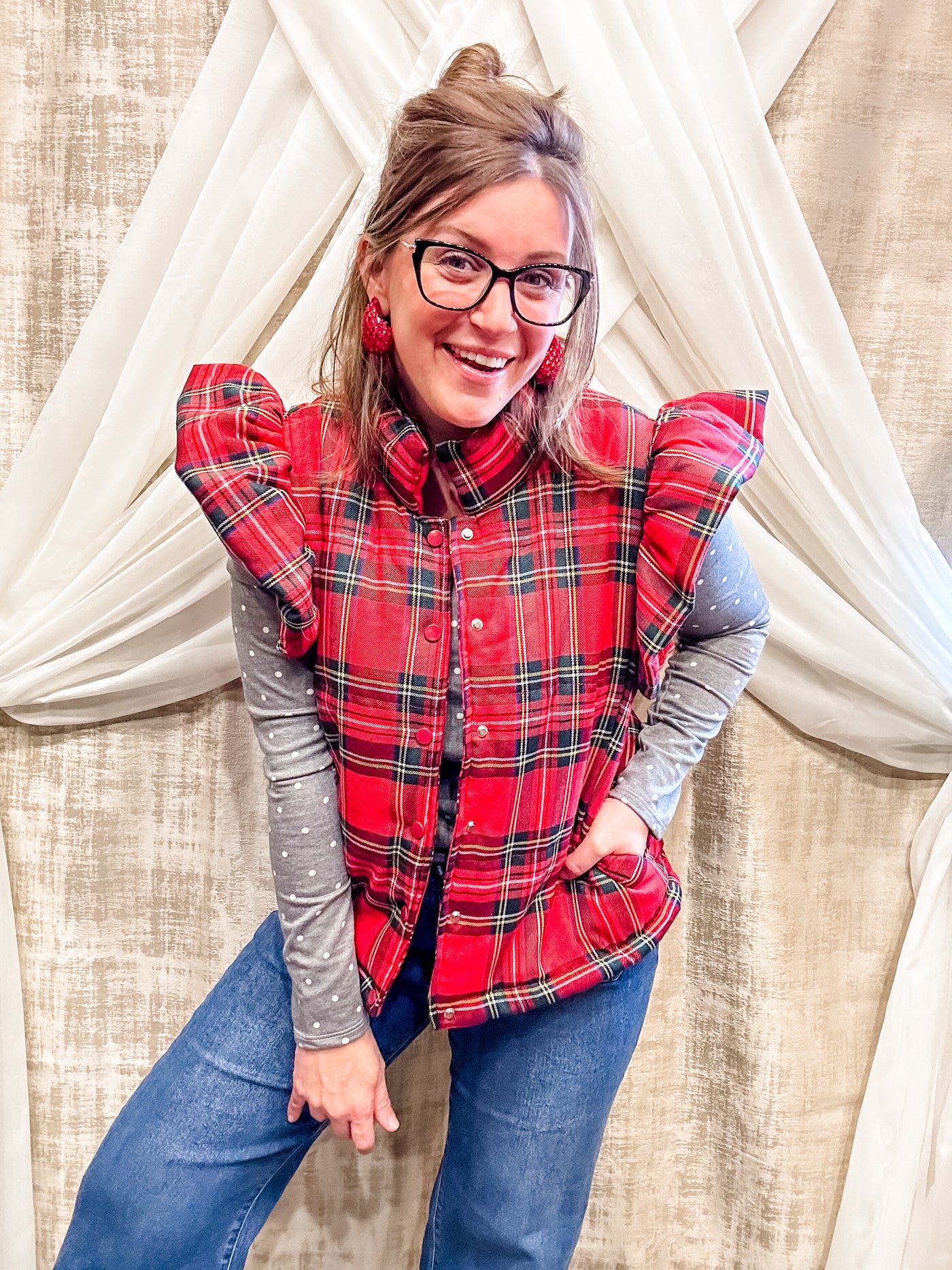 Plaid Vest with Ruffle Detail