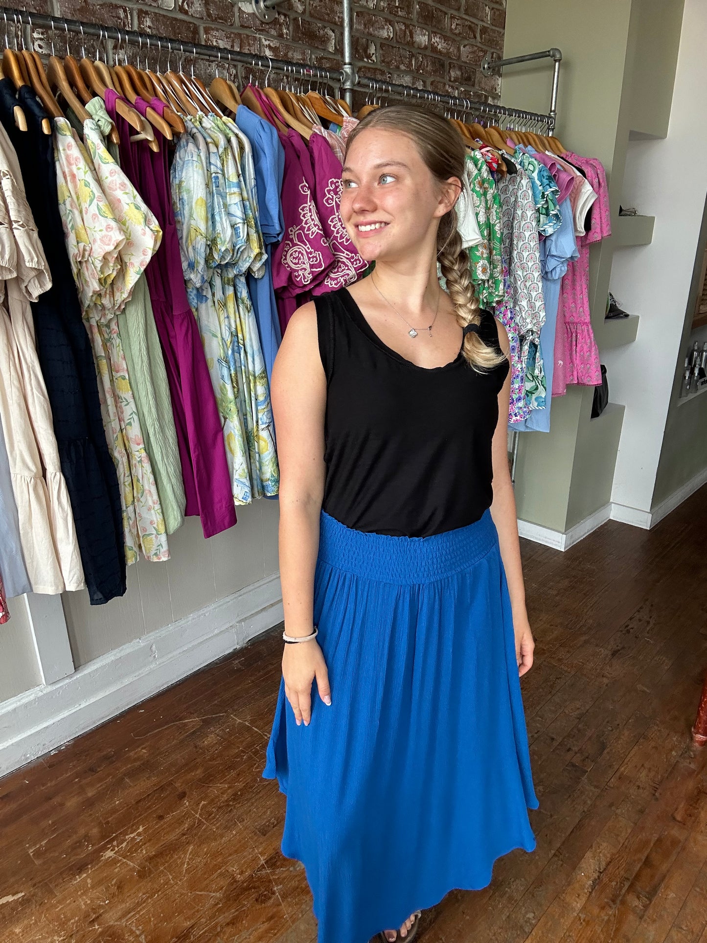 Woven Crinkle Smocked Waist Side Slit Maxi Skirt with Pockets - Classic Blue