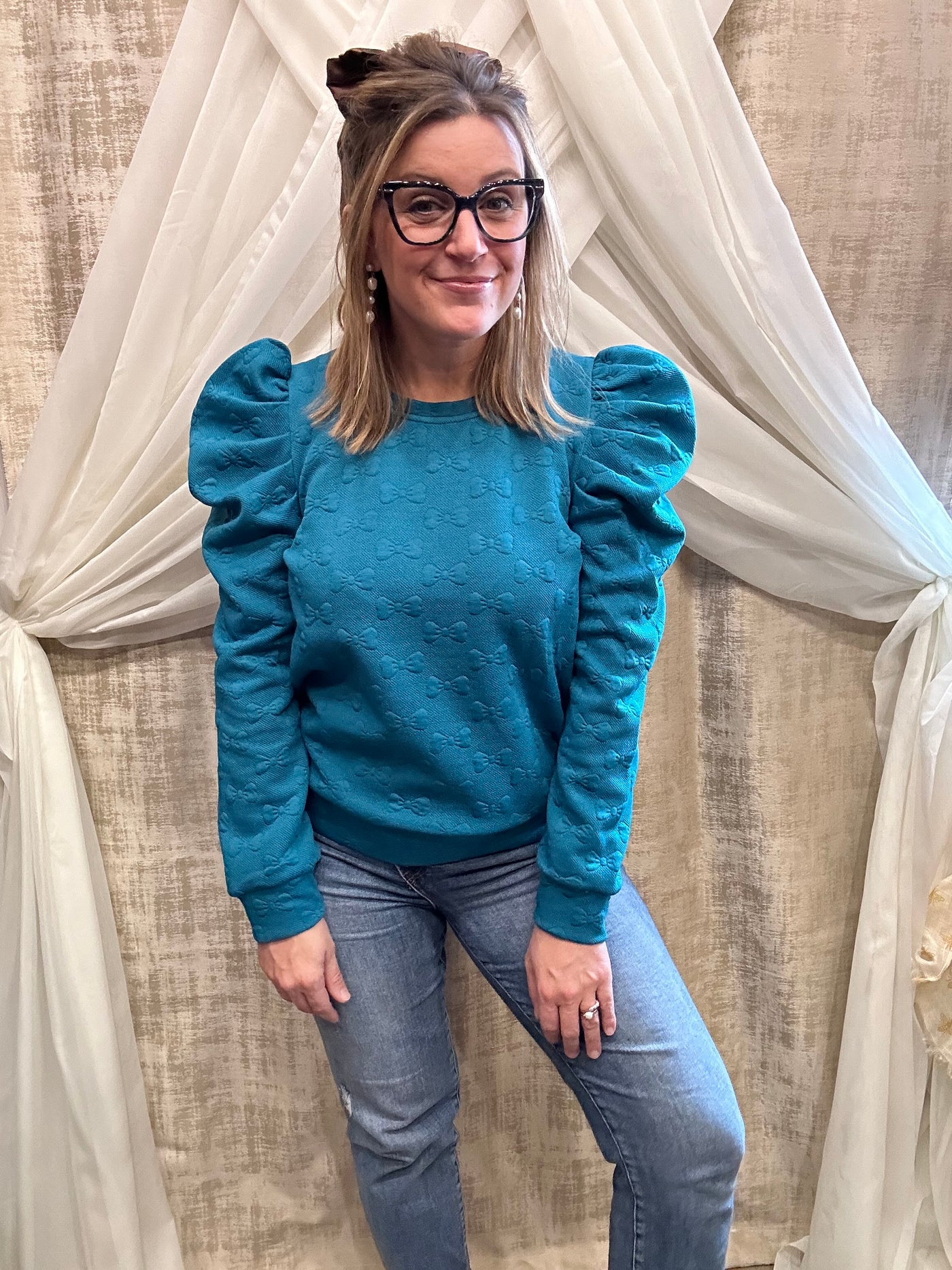 Teal Embroidered Bow Sweatshirt with Puff Sleeves