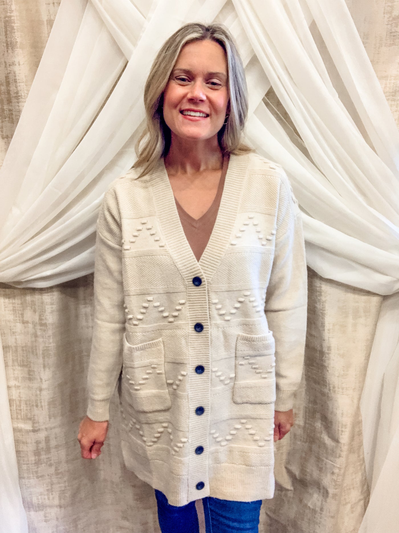 Taupe Textured Button Cardigan