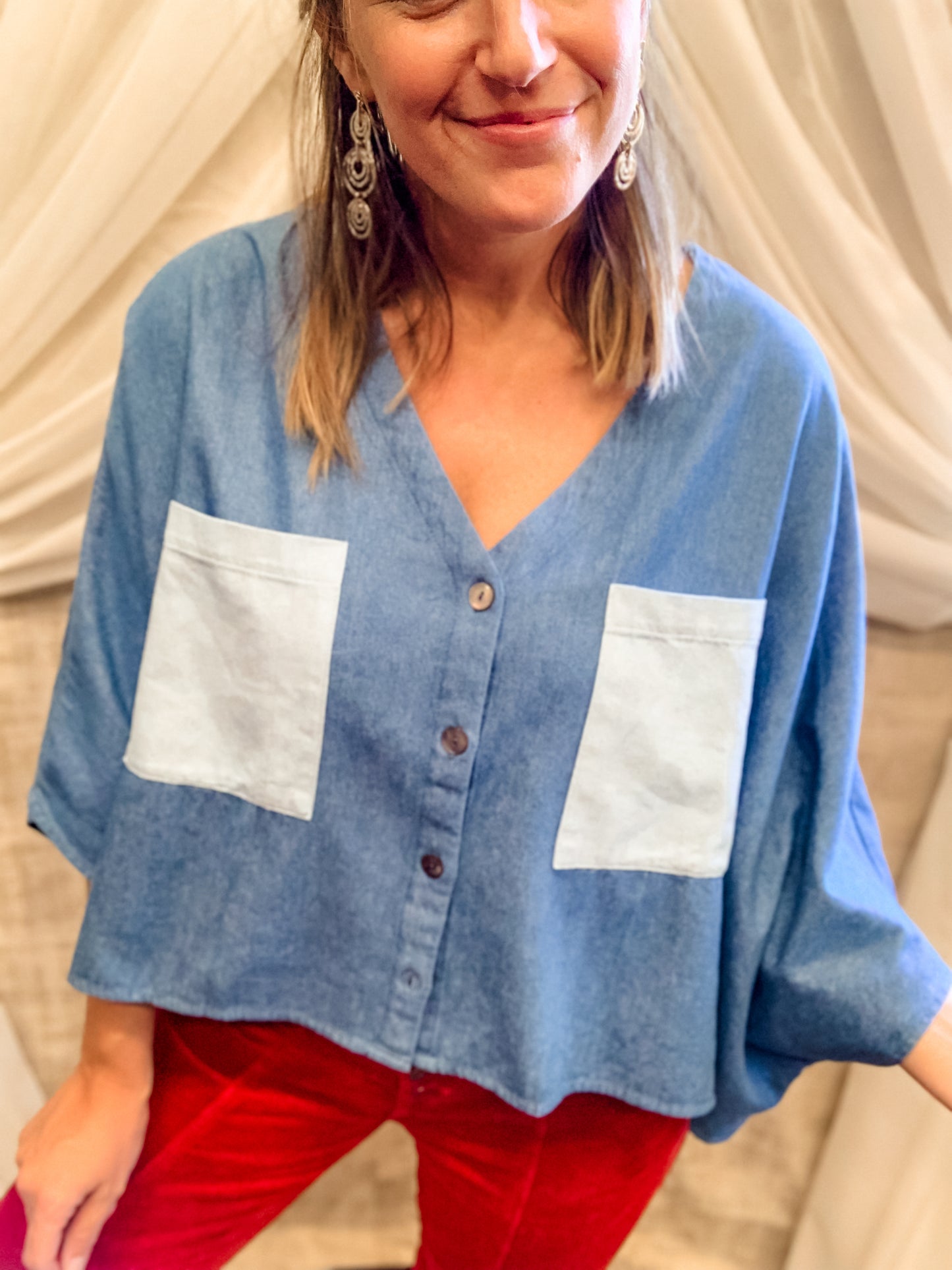 Denim Batwing Top with Contrasting Pockets