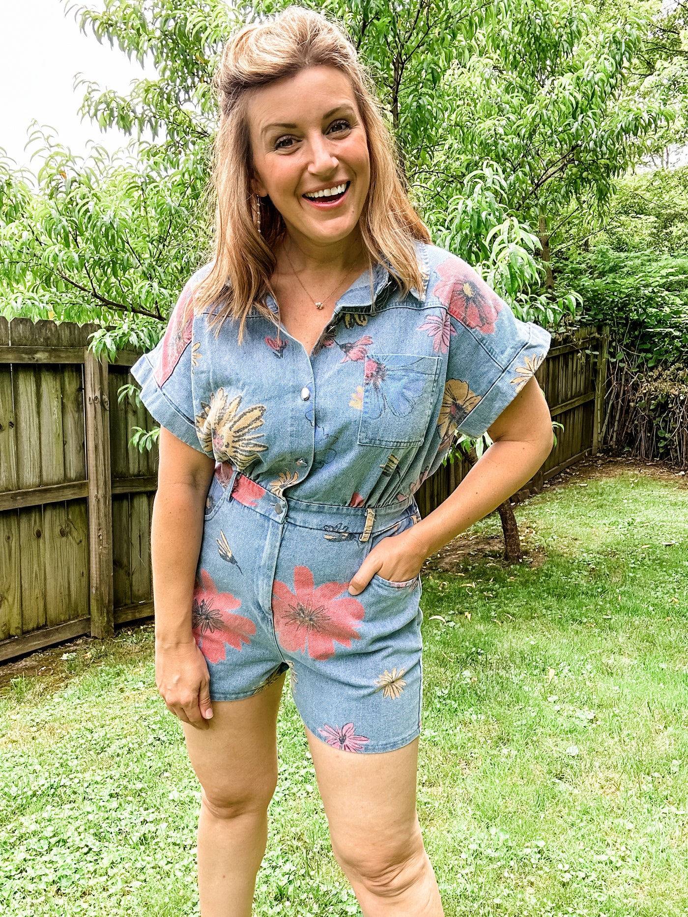 Denim Romper with Flowers