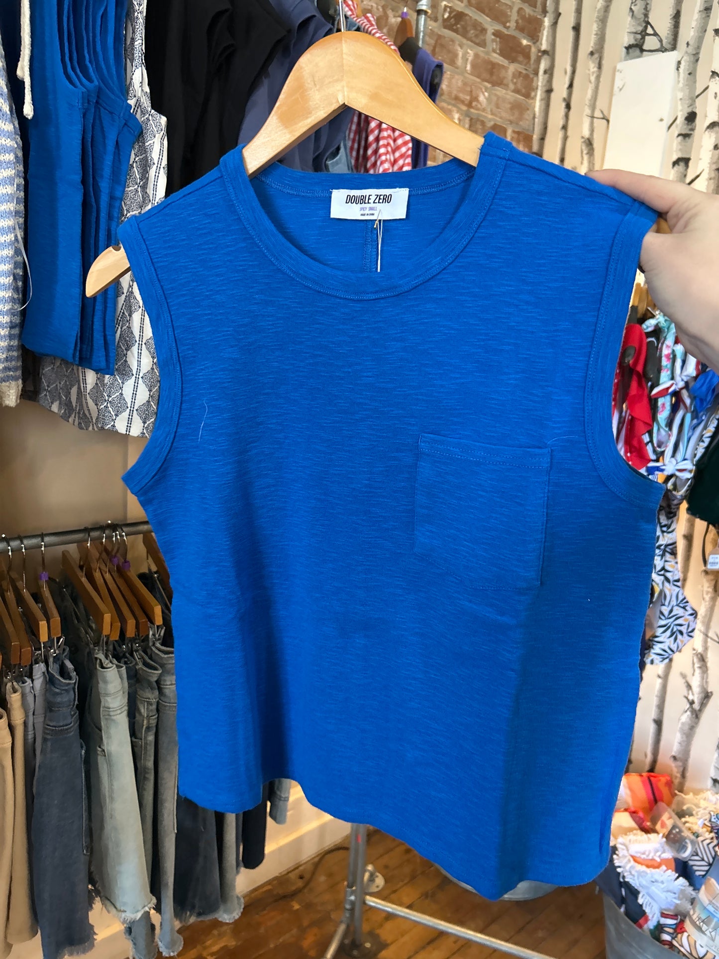 Sleeveless Cotton Top with Pocket - Blue