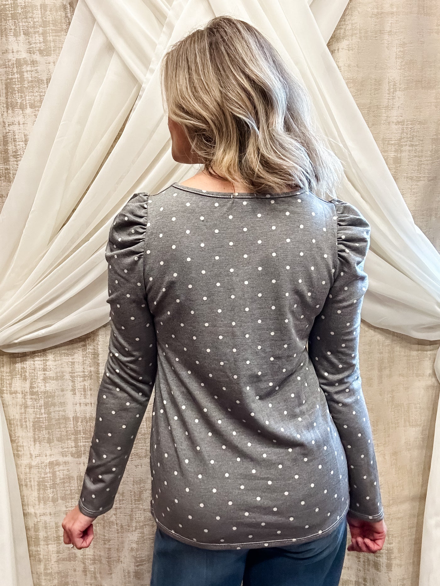 Grey Dot Top with Puff Sleeves