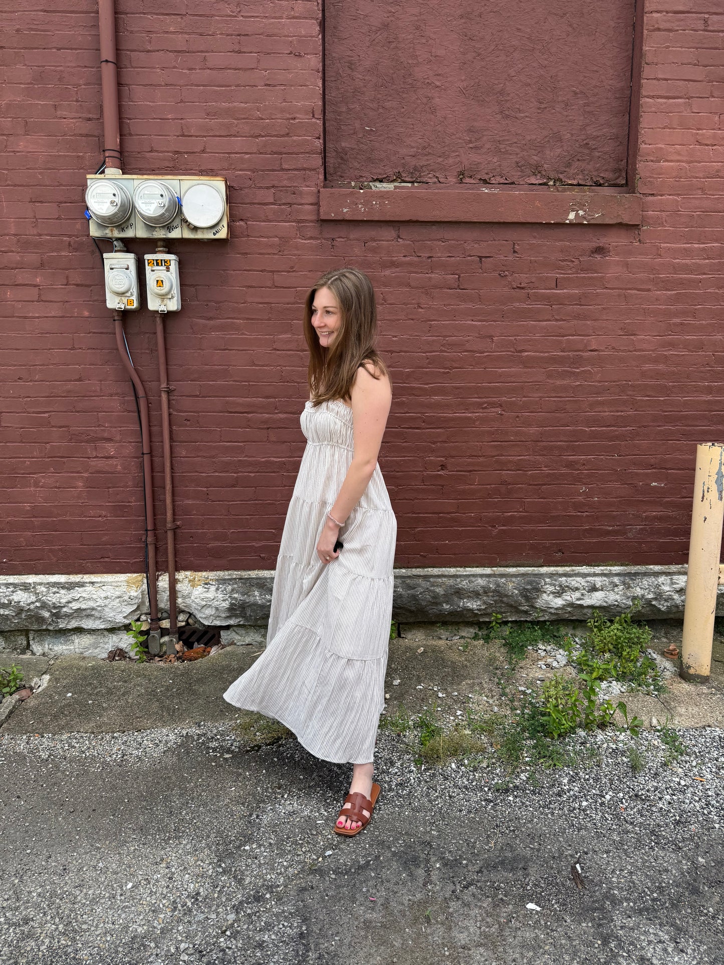 Striped Shirred Empire Waist Tiered Midi Dress - Mocha