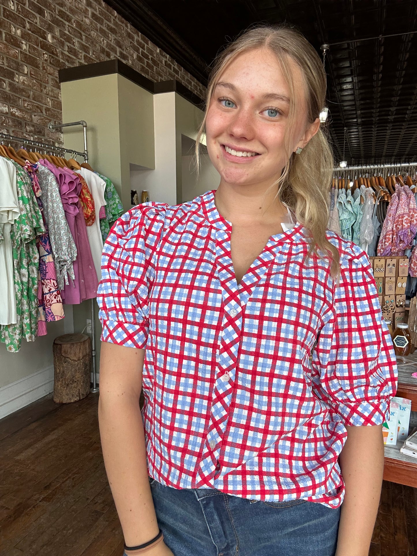 Elaine Top | Gingham Red + Blue