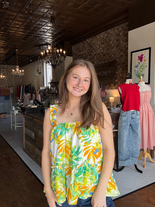 Flying Tomato Printed Woven Top - Green/Ivory