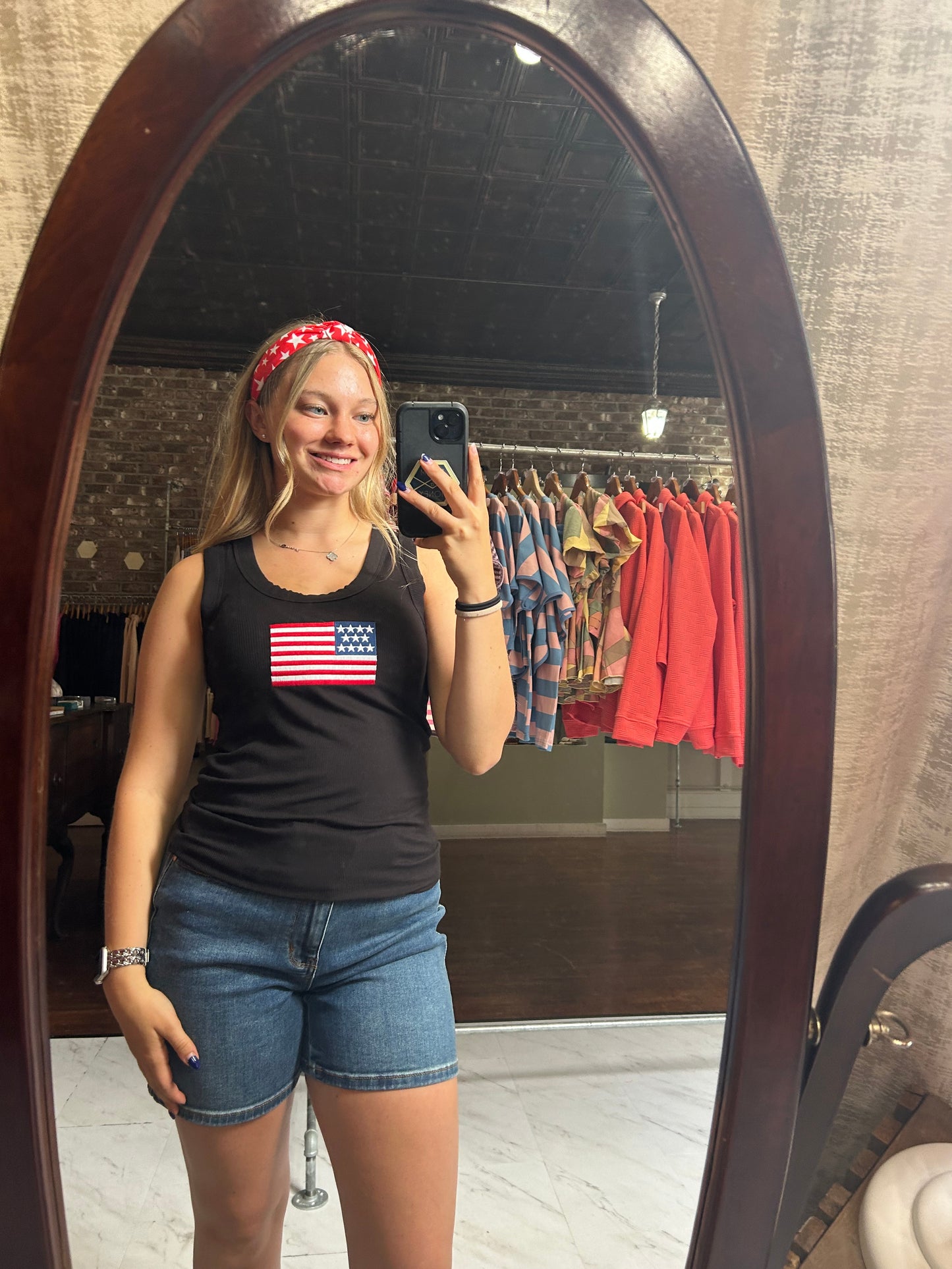 Ribbed American Flag Patch Scoop Neck Tank Top - Black