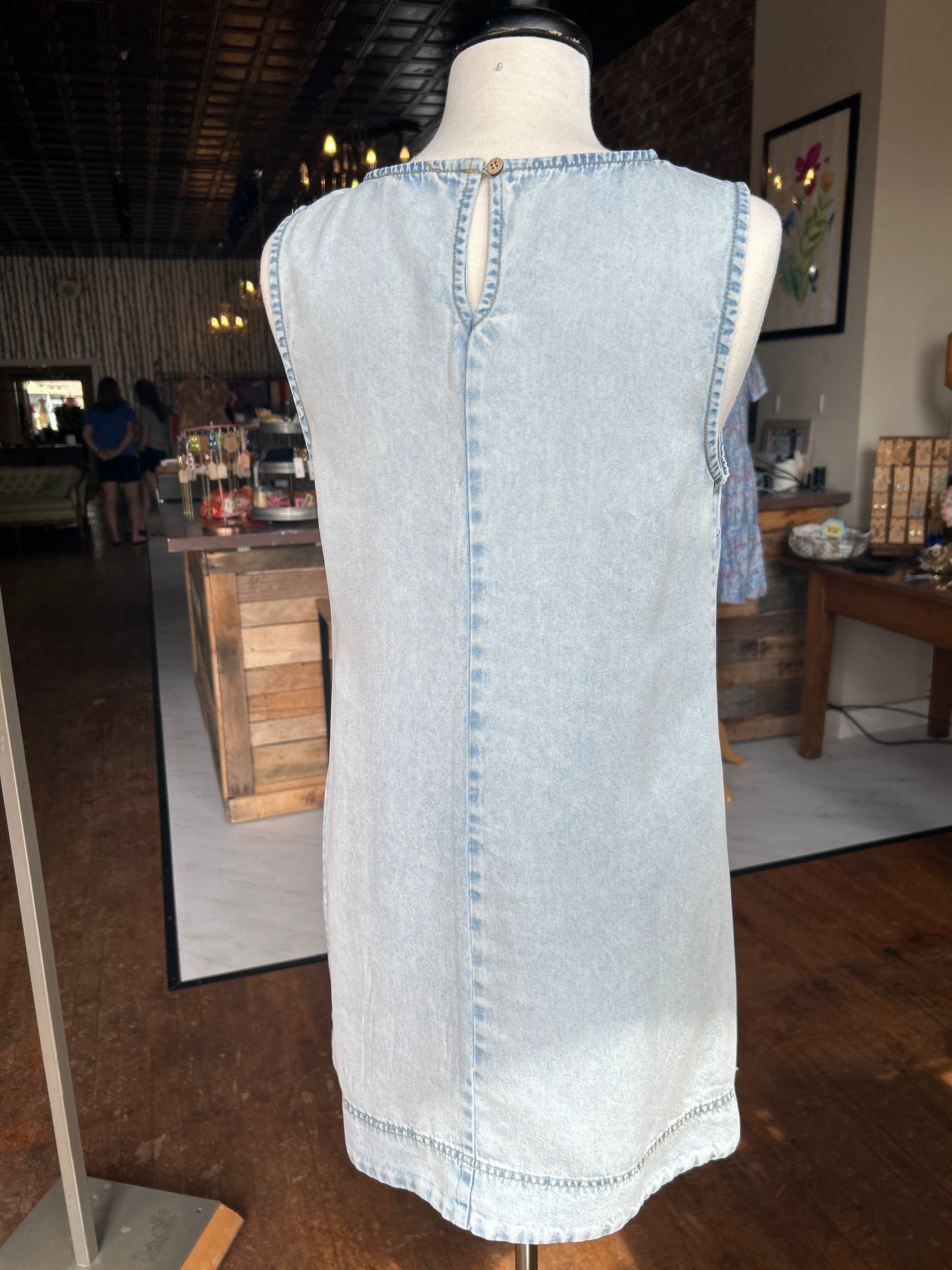 Sleeveless Pocket Detail Washed Denim Mini Dress | Light