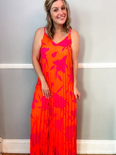 Orange Print Accordion Maxi Dress