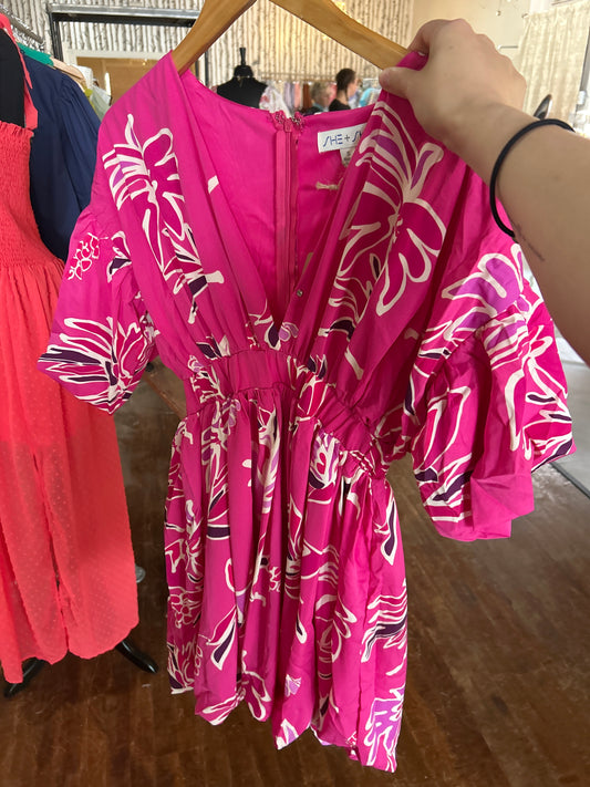 Fuchsia Puff Sleeve Woven Print Bubble Hem Dress